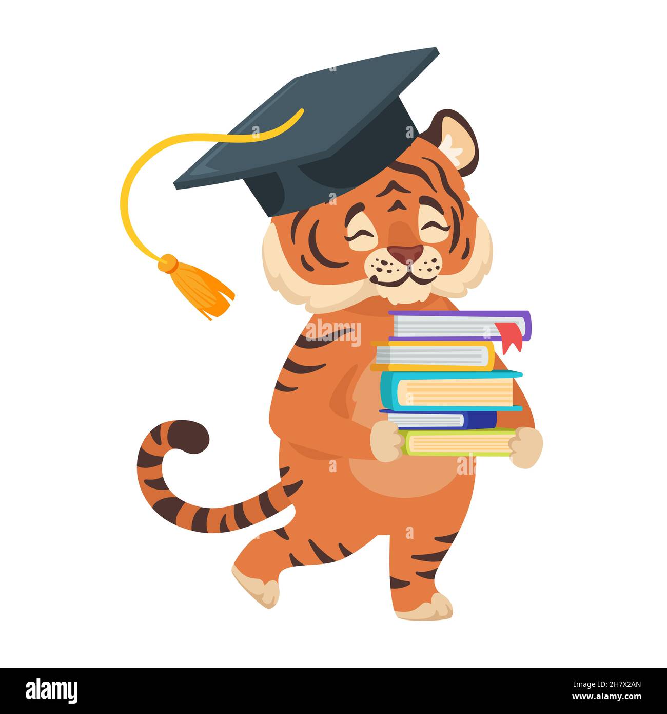 étudiant de tigre tenant des livres avec la casquette de diplômé. Illustration de Vecteur