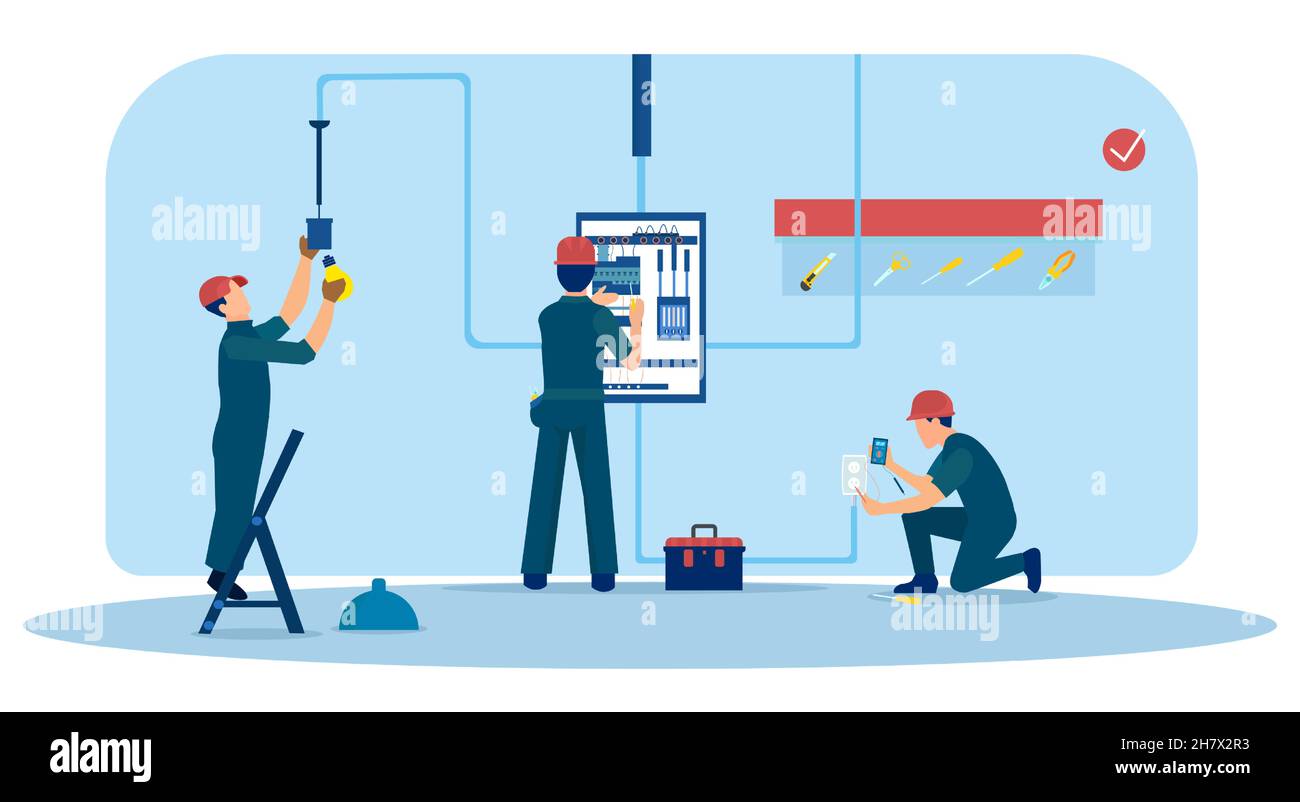 Vecteur d'une équipe d'électriciens travaillant dans une nouvelle maison vérifiant le boîtier électrique d'installation des prises et de l'éclairage Illustration de Vecteur
