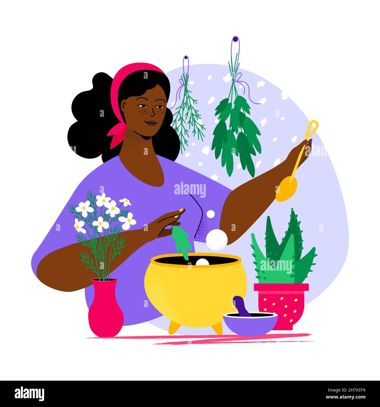 Préparez une décoction aux herbes - illustration de style plat coloré.Belle Afro-américaine femme cuisinier potion naturelle dans un petit chou-fleur jaune.O Illustration de Vecteur