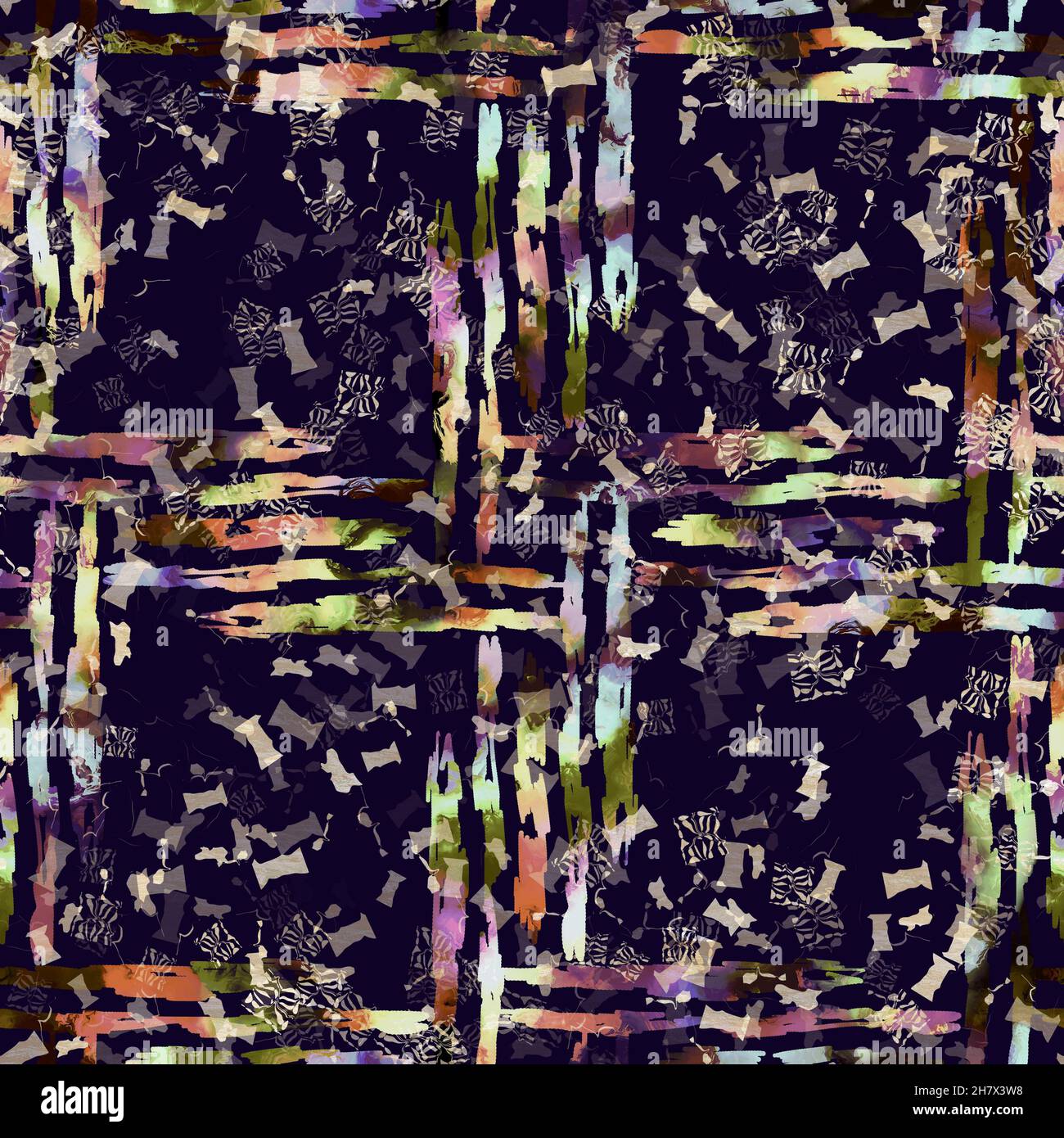 Imprimé camouflage géométrique exotique multicolore de boho.Motif de répétition détaillé pour le sol sombre automnal sans couture. Banque D'Images