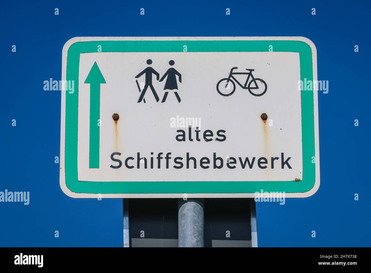 Waltrop, Rhénanie-du-Nord-Westphalie, Allemagne - Parc de l'écluse et des ascenseurs des navires Waltrop.Panneaux sur le site LWL Industriemuseum Schiffshebewerk Henrichenburg.Waltr Banque D'Images