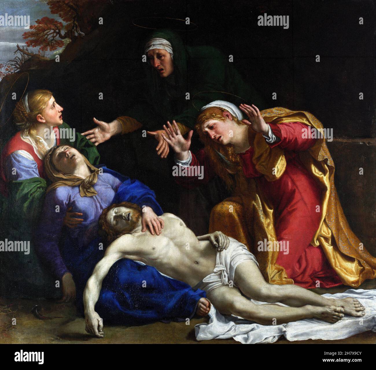 Le Christ mort a pleuré ('les trois Maries') par le peintre baroque italien, Annibale Carracci (1560-1609), huile sur toile, c.1604 Banque D'Images