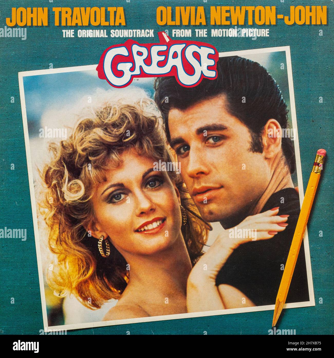 Grease album, avec John Travolta et Olivia Newton-John, bande sonore du film musical, 1978 vinyle LP couverture de disque Banque D'Images