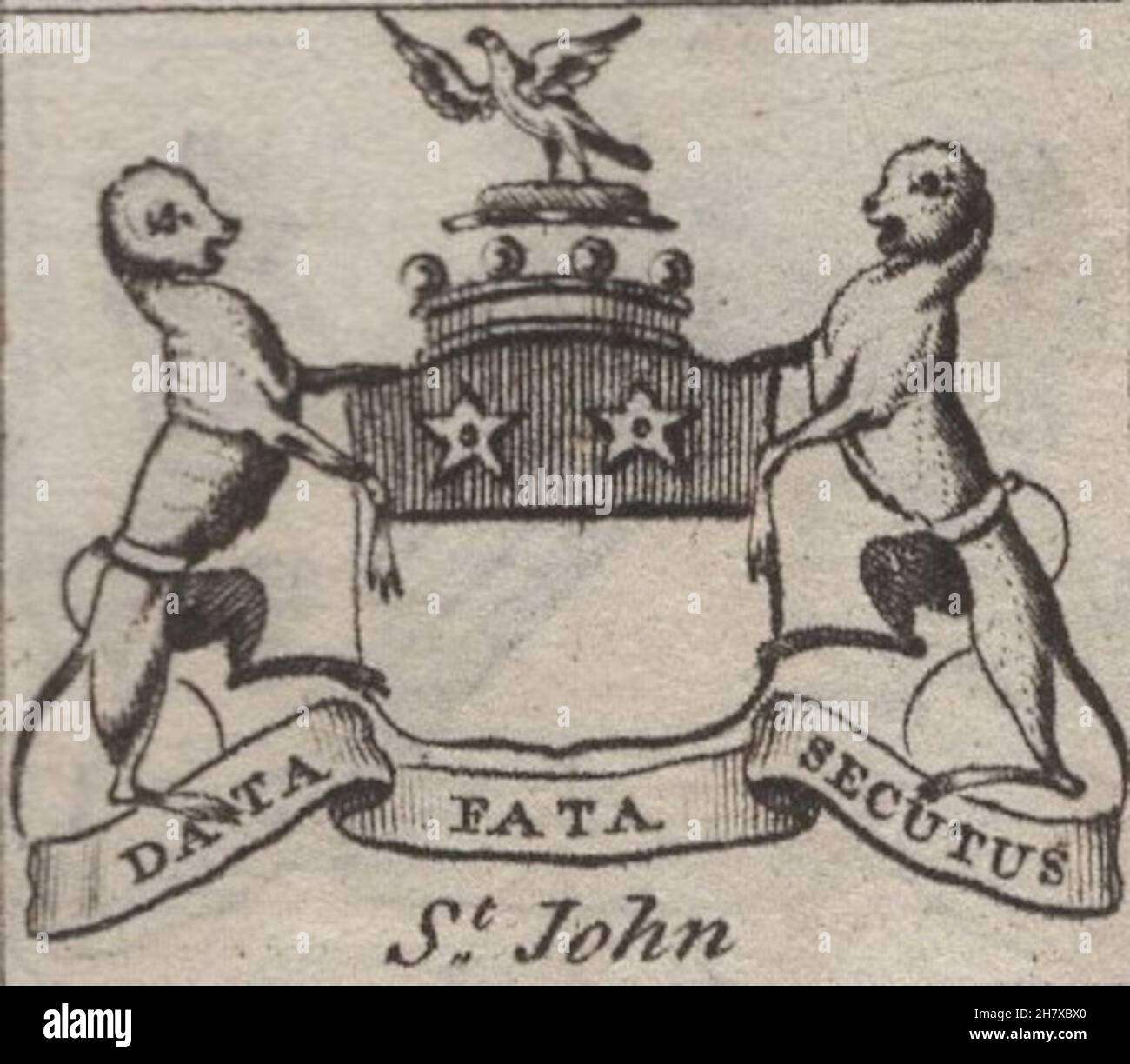 Antique 18th Century gravure heraldy manteaux de bras, Barons anglais , devise / slogan: Data Fata Secutus.St John. Par Woodman & Mutlow fc russel co vers 1780s Source: Gravures originales du livre annuel almanach. Banque D'Images