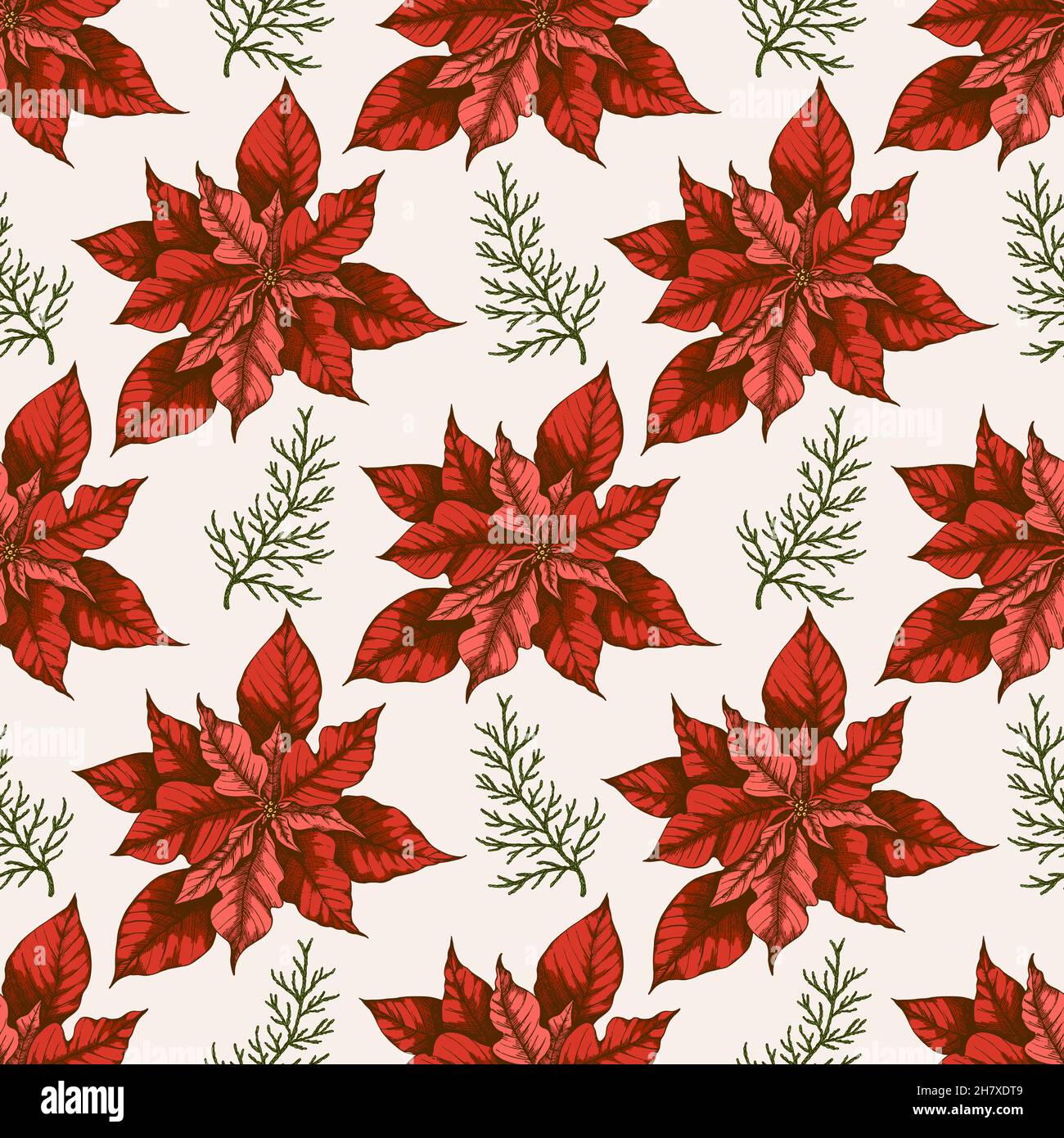 Motif de Noël vintage sans coutures avec fleurs de poinsettia rouges.Fond décoratif pour Noël et le nouvel an.Illustration dessinée à la main. Banque D'Images