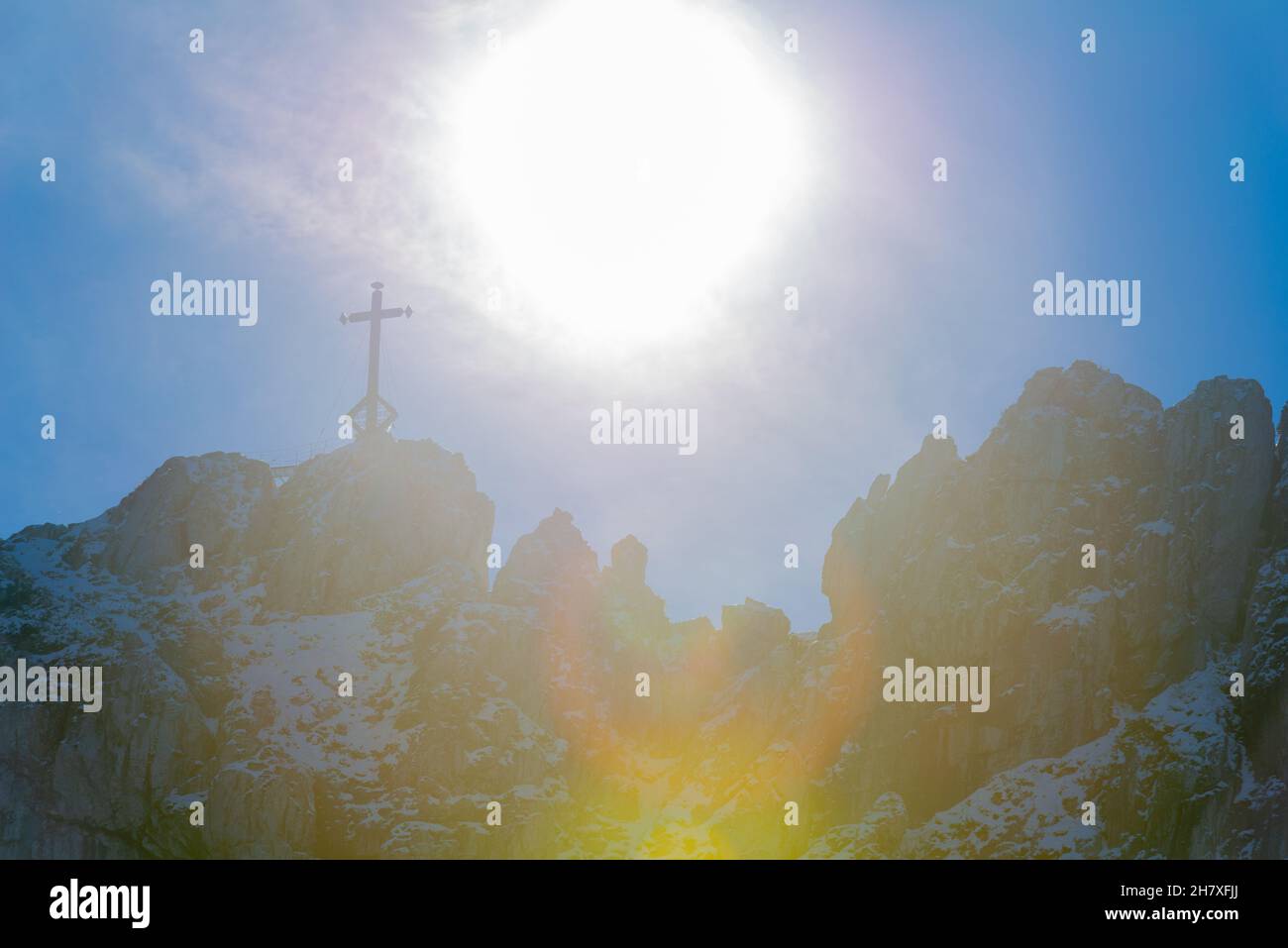 Sommet sur le sommet de Kampenwand sur le plateau de Kampenwand, 1500m asl, Aschau, Chiemgau, Alpes bavaroises,Haute-Bavière, sud de l'Allemagne Banque D'Images