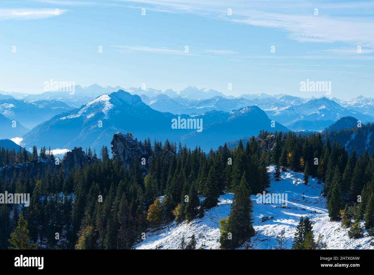 Kampenwand montagnes à environ 1500m asl avec vues panoramiques, téléphérique d'Aschau, Alpes de Chiemgauer, haute-Bavière sud de l'Allemagne, Europe Banque D'Images