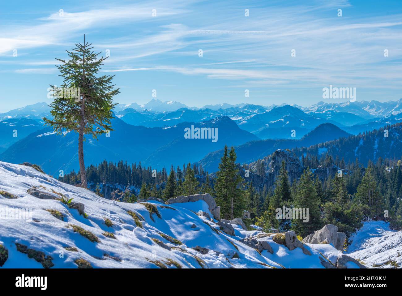 Kampenwand montagnes à environ 1500m asl avec vues panoramiques, téléphérique d'Aschau, Alpes de Chiemgauer, haute-Bavière sud de l'Allemagne, Europe Banque D'Images