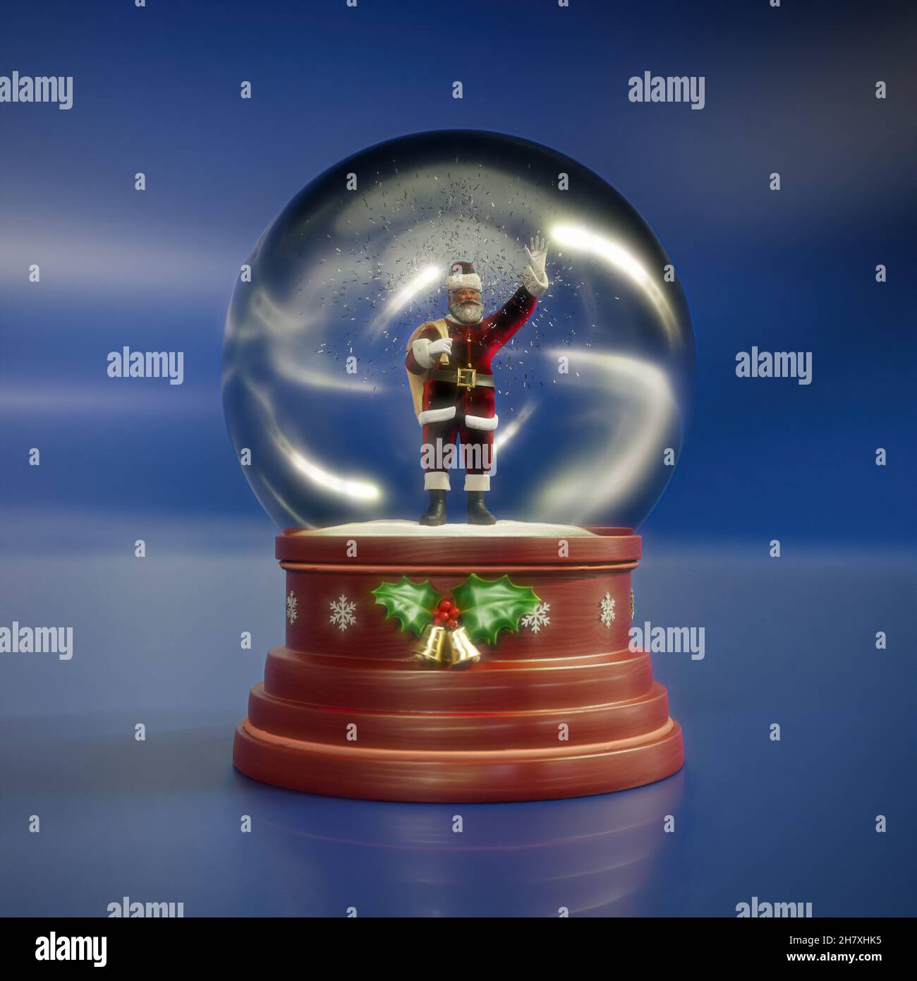 Rendu 3D de salutation Santa Clause avec sac en verre boule sur fond bleu Banque D'Images