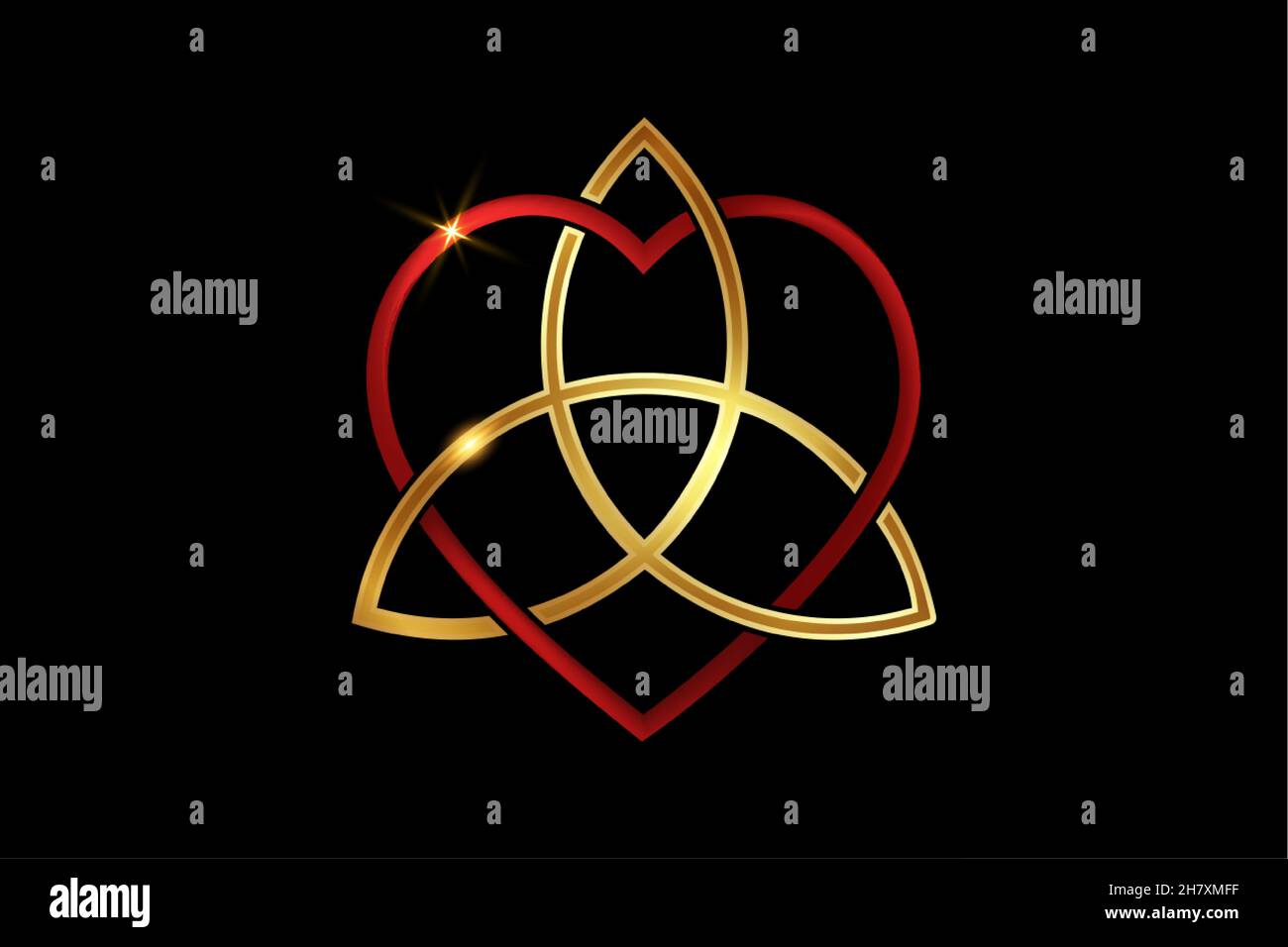 Nœud d'amour celtique, forme de coeur rouge entrelacée et Triquetra doré, nœud symbole d'amour éternel.Logo Icon concept de jour de Valentines, tatouage vectoriel d'or Illustration de Vecteur