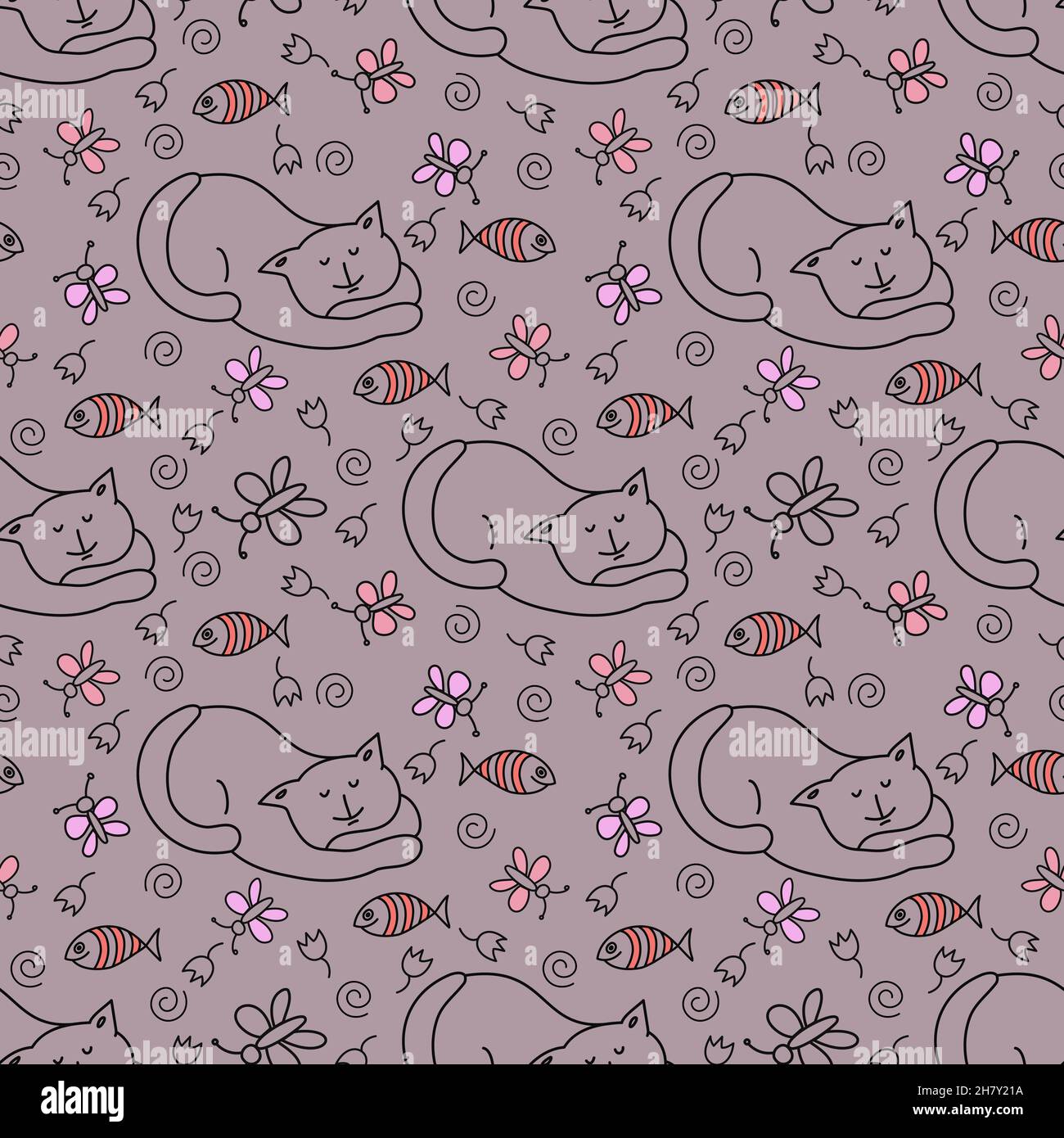 Motif sans couture avec chat, poisson et papillon sur fond de rose poussiéreux. Illustration de Vecteur
