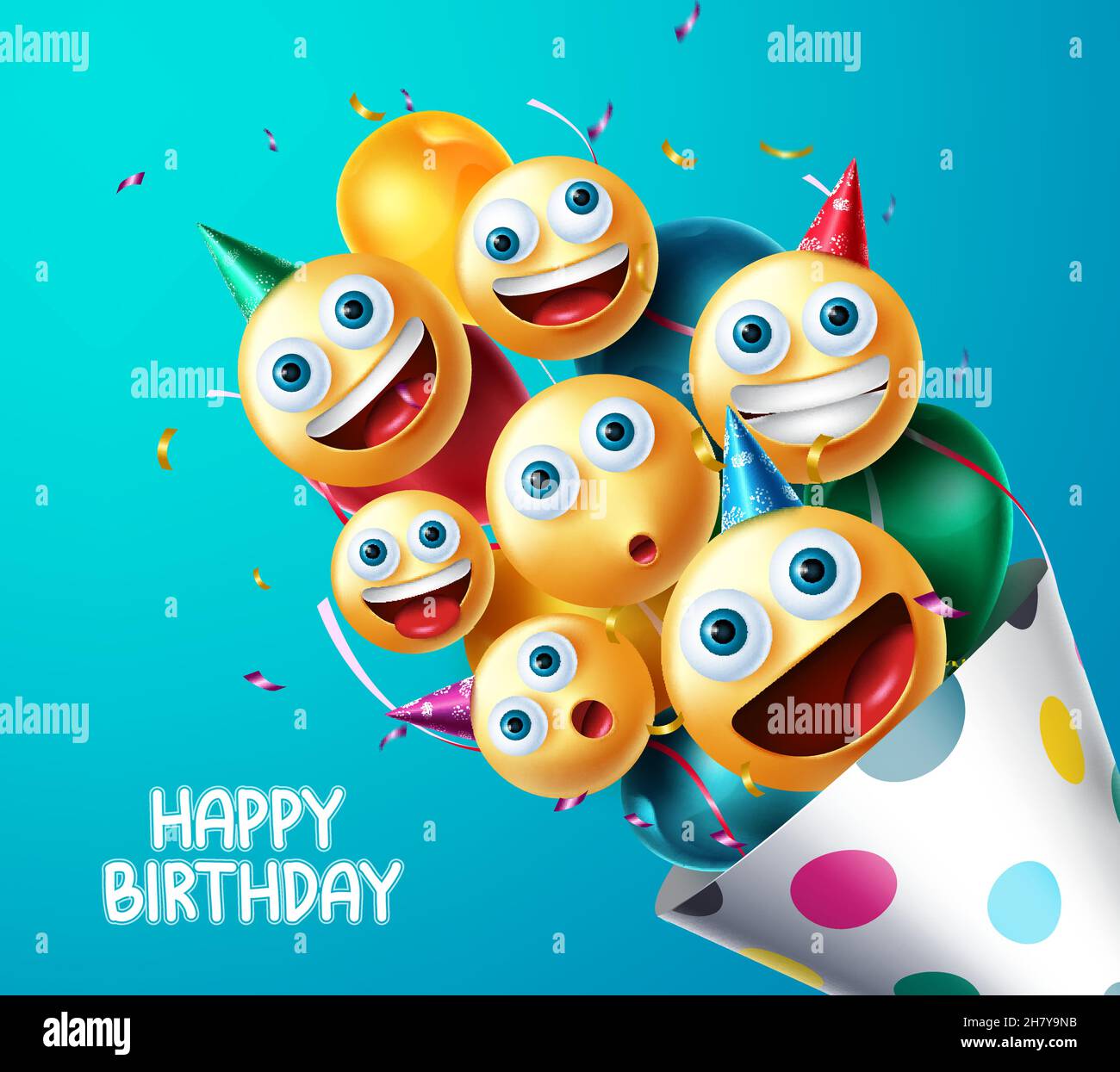 Anniversaire motif vectoriel emojis.Émotiji smiley dans un chapeau avec ballons et confetti éléments de surprise pour la fête d'anniversaire carte de voeux. Illustration de Vecteur