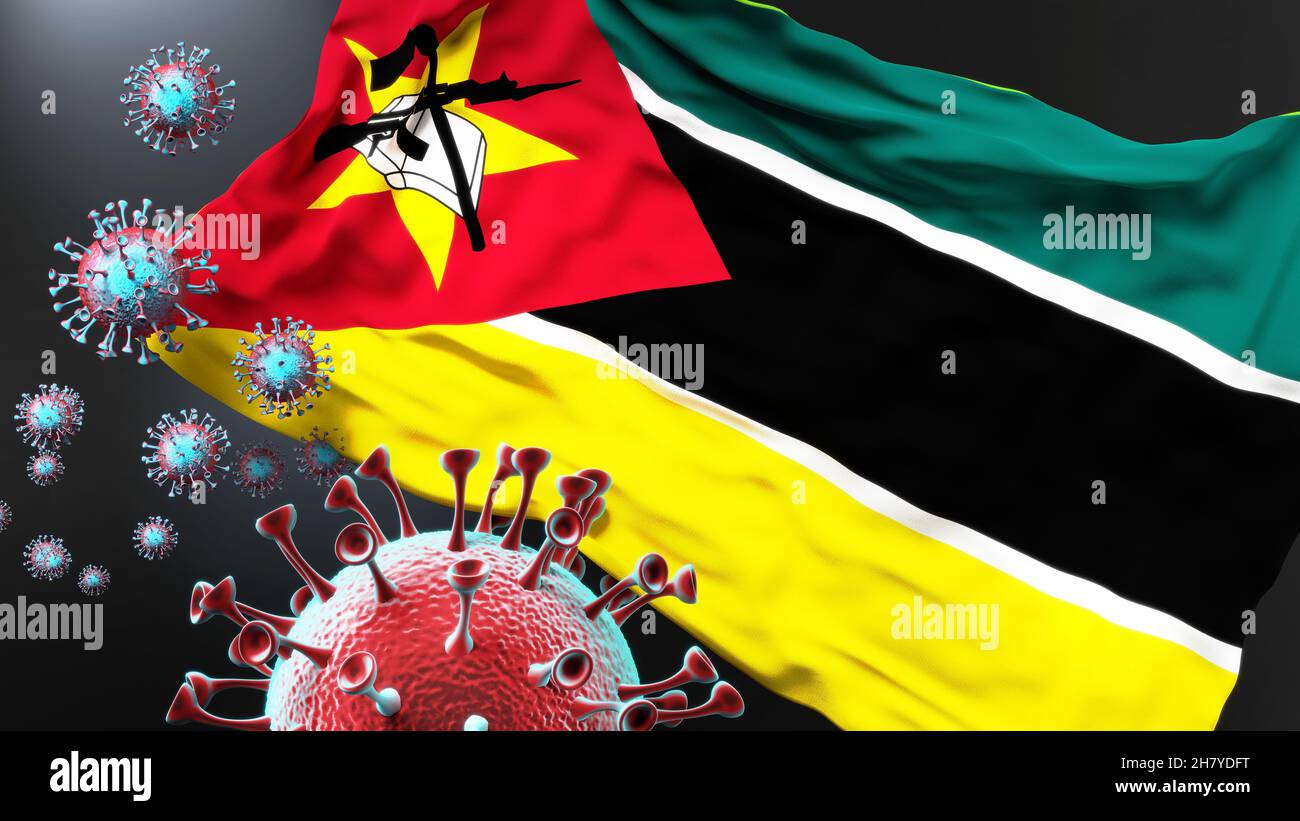 Le Mozambique et la pandémie de covid - le virus corona attaquant le drapeau national du Mozambique pour symboliser la lutte, la lutte et la présence du virus dans ce pays Banque D'Images