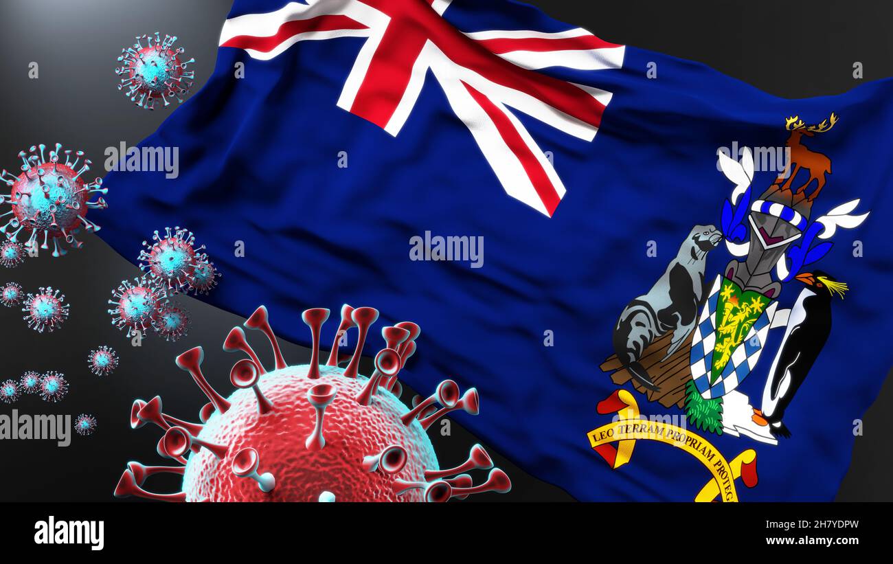 La Géorgie du Sud et les îles Sandwich du Sud et la pandémie de covid - le virus corona attaquant son drapeau national pour symboliser la lutte contre le virus dans Th Banque D'Images