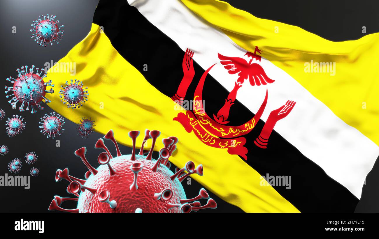Brunéi Darussalam et la pandémie de covid - le virus corona attaquant le drapeau national du Brunéi Darussalam pour symboliser la lutte, la lutte et le virus pr Banque D'Images