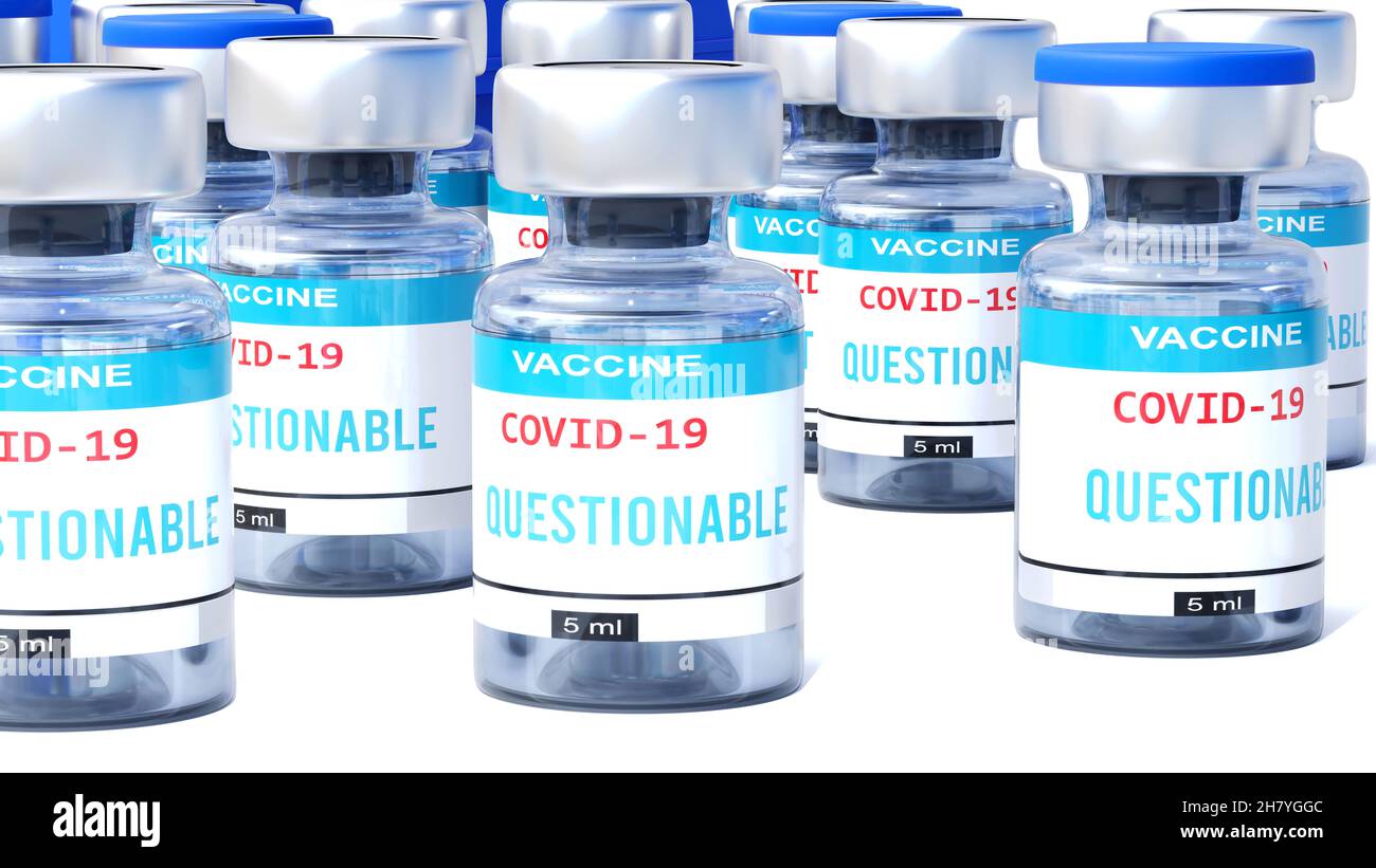 Covid discutable - les flacons de vaccin avec une étiquette anglaise discutable qui symbolisent une grande réussite humaine qui peut mettre fin à la lutte avec le coronav Banque D'Images