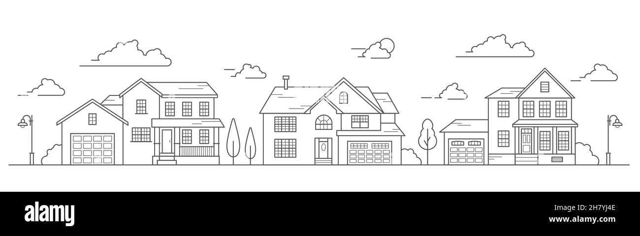 Paysage des quartiers de la ville, les maisons de la banlieue quartier résidentiel.Un certain nombre de bâtiments de faible hauteur du village.Vecteur de contour Illustration de Vecteur