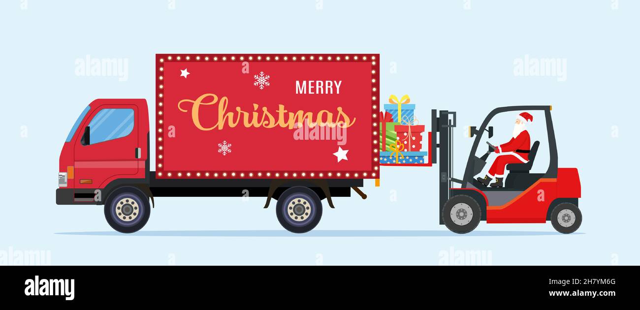 Le Père Noël en chariot élévateur rouge chargé Illustration de Vecteur