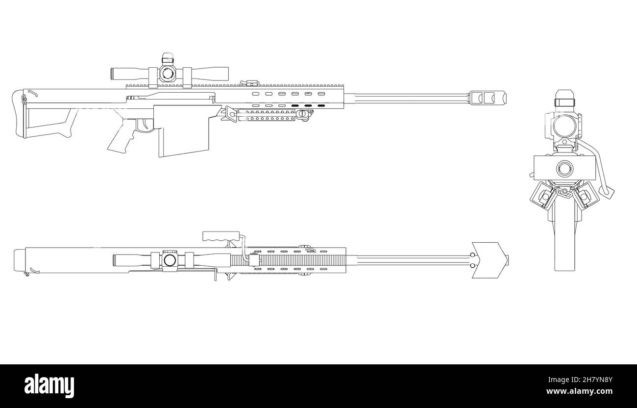 Avec contours de fusil et visée télescopique à partir de lignes noires isolées sur fond blanc.Vue latérale, supérieure, avant.Illustration vectorielle Illustration de Vecteur