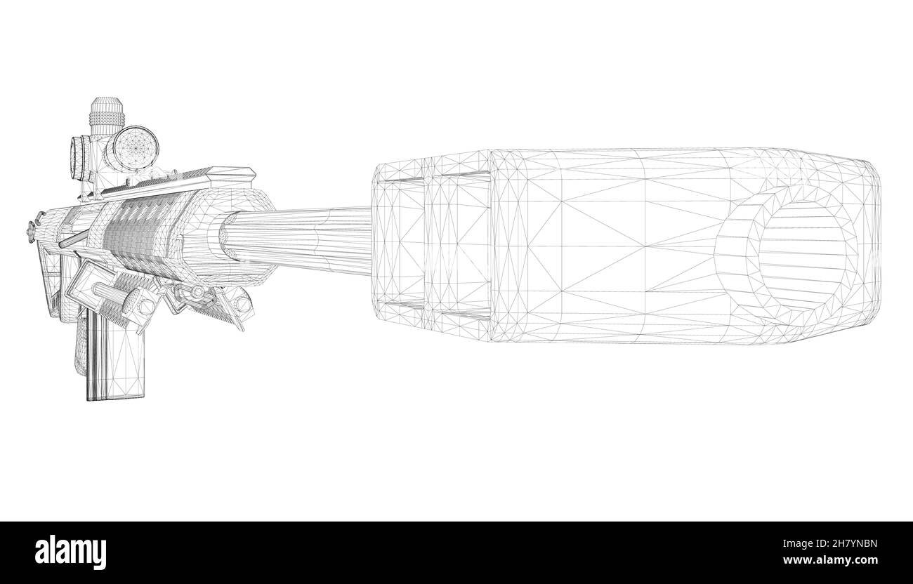 Élément filaire avec fusil à visée télescopique à partir de lignes noires isolées sur fond blanc.Vue en perspective.3D.Illustration vectorielle Illustration de Vecteur