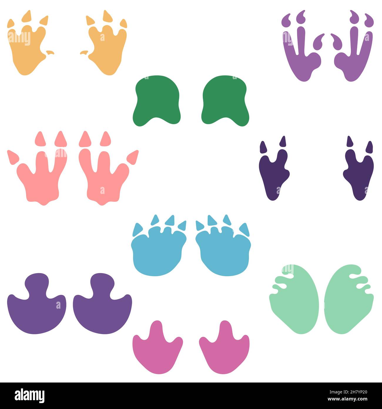 Empreinte de dinosaure mignon pour décorer la pépinière, autocollants de l'ère mésozoïque pour les enfants, illustration dans un style plat isolé sur un blanc. Illustration de Vecteur