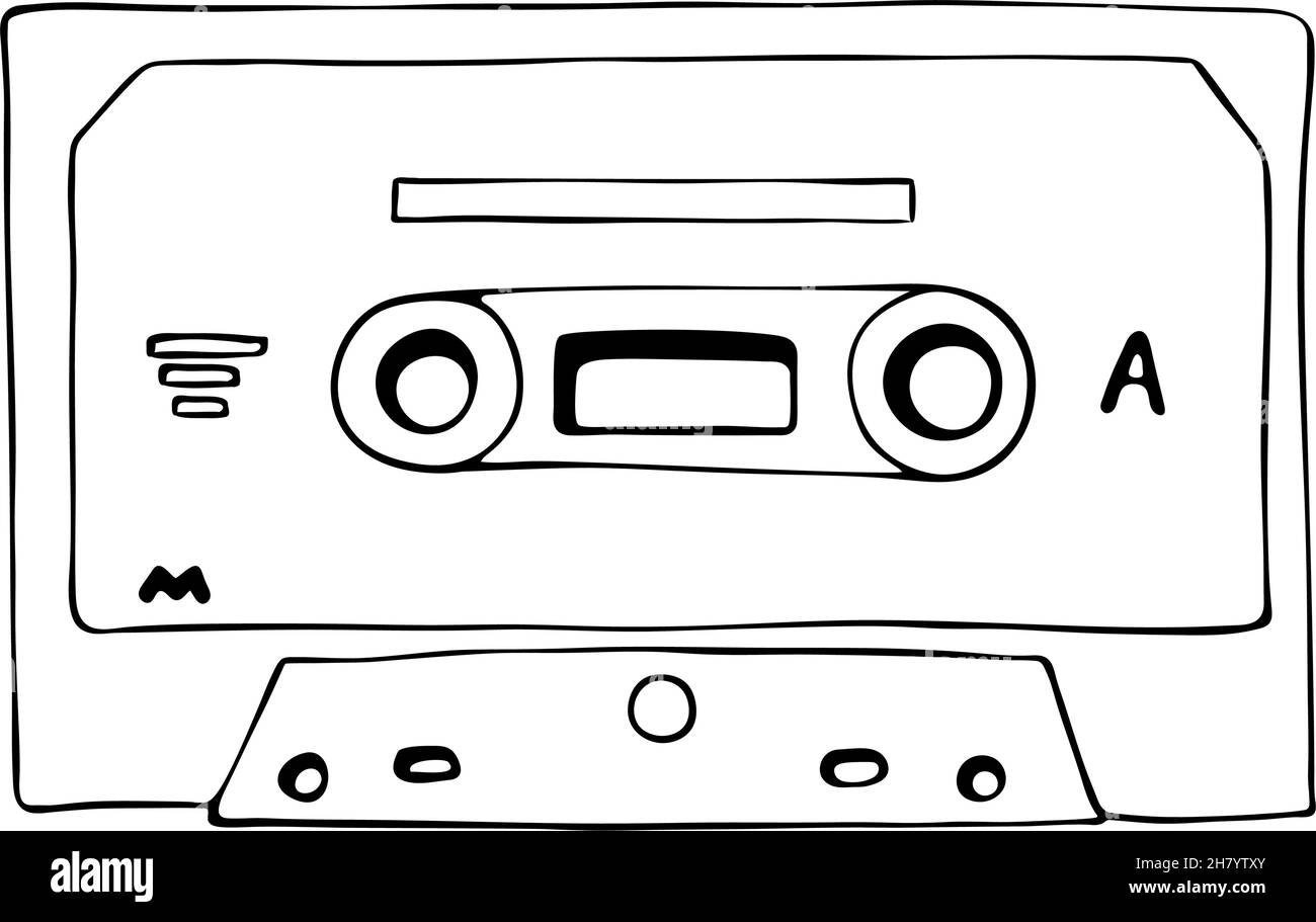 Illustration vectorielle vintage - un mélange audio rétro dessiné à la main.Supports analogiques pour l'enregistrement et l'écoute de musique stéréo.Cassette à ruban ancienne.Icône d'esquisse de dessin animé isolée sur blanc Illustration de Vecteur