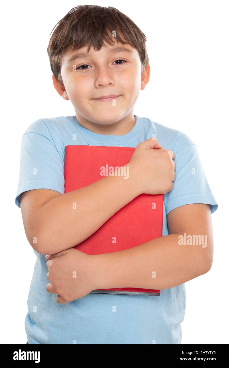 Jeune étudiant enfant petit garçon isolé sur fond blanc format portrait Banque D'Images