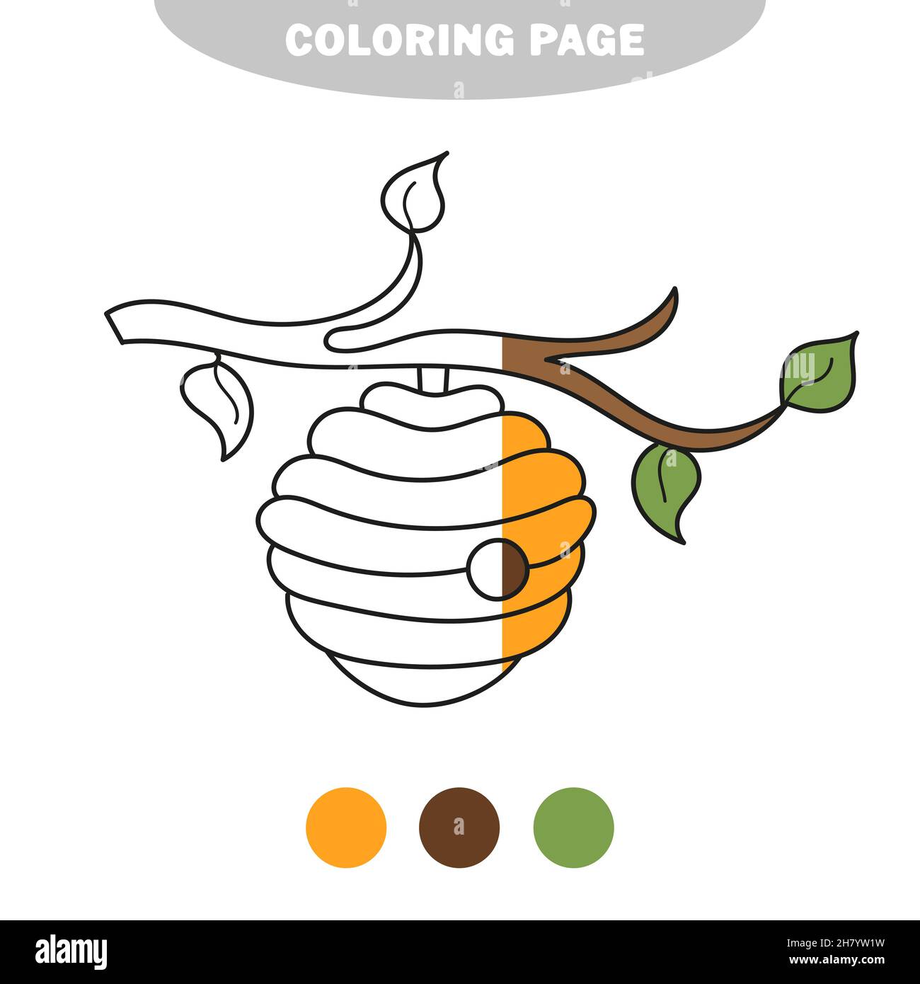 Page de coloriage simple.Livre de coloriage pour les enfants, Bee Hive sur blanc.Image semi-peinte avec échantillons de couleur Illustration de Vecteur