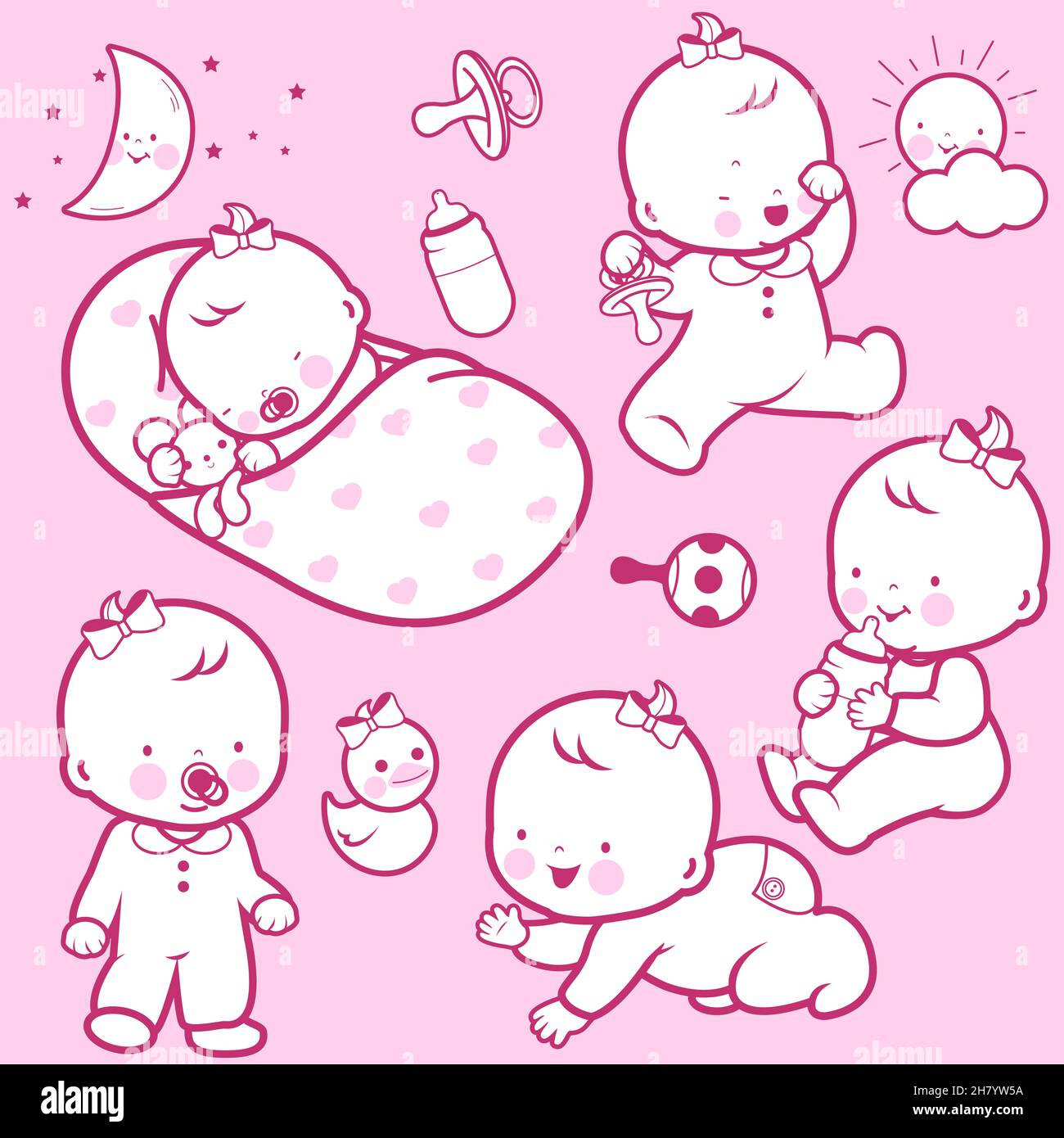Routine quotidienne des bébés. Bébés dormant, jouant, marchant, buvant du lait et rampant. Mignons bébés tout-petits, garçons et filles. Banque D'Images
