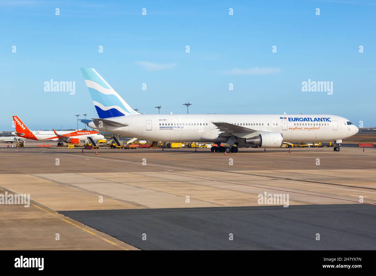 Faro, Portugal - 26 septembre 2021 : avion Euroatlantic Boeing 767-300ER à l'aéroport de Faro (FAO) au Portugal. Banque D'Images
