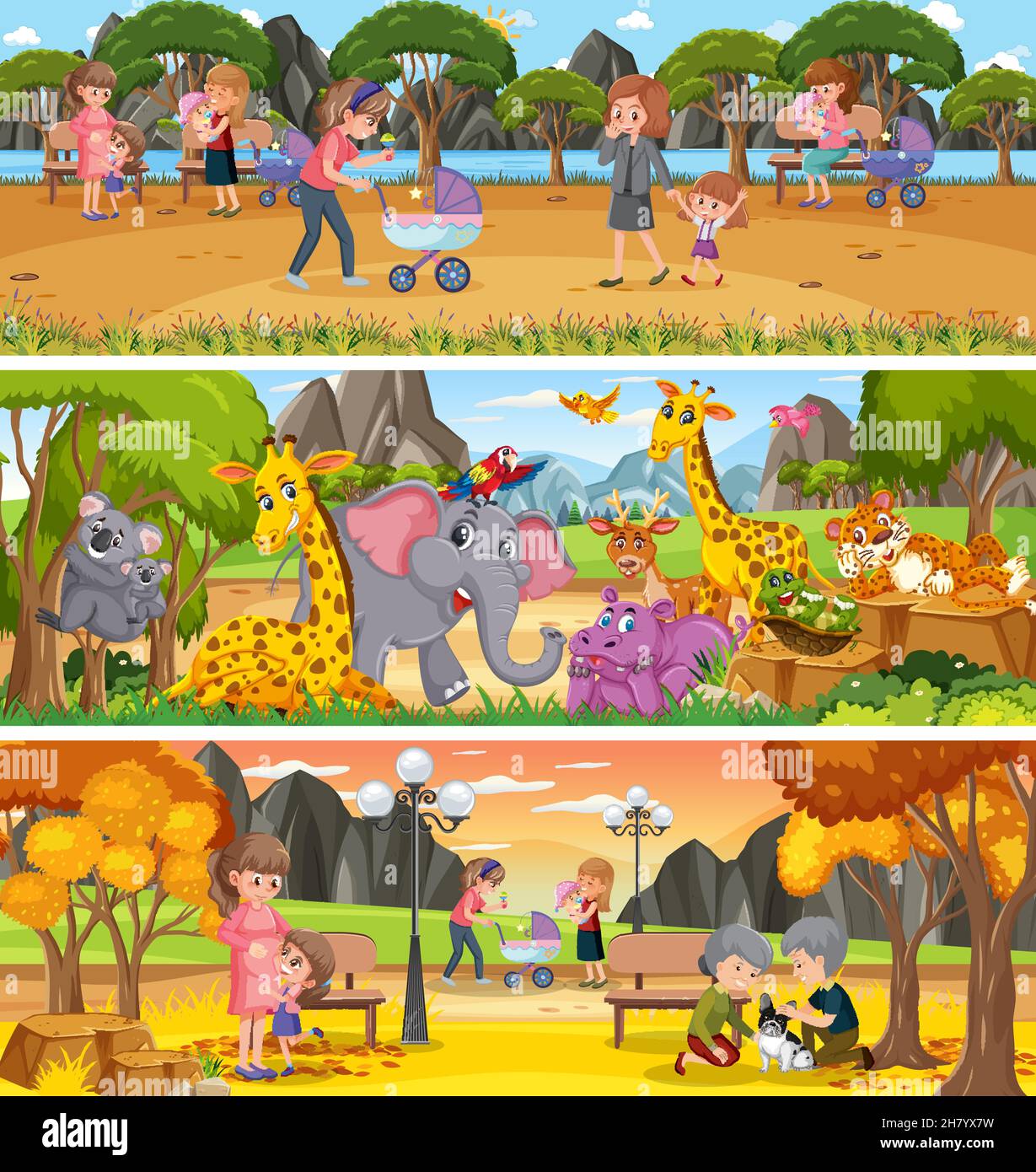 Paysage de la nature différent sur une scène de jour avec illustration de personnages de dessin animé Illustration de Vecteur