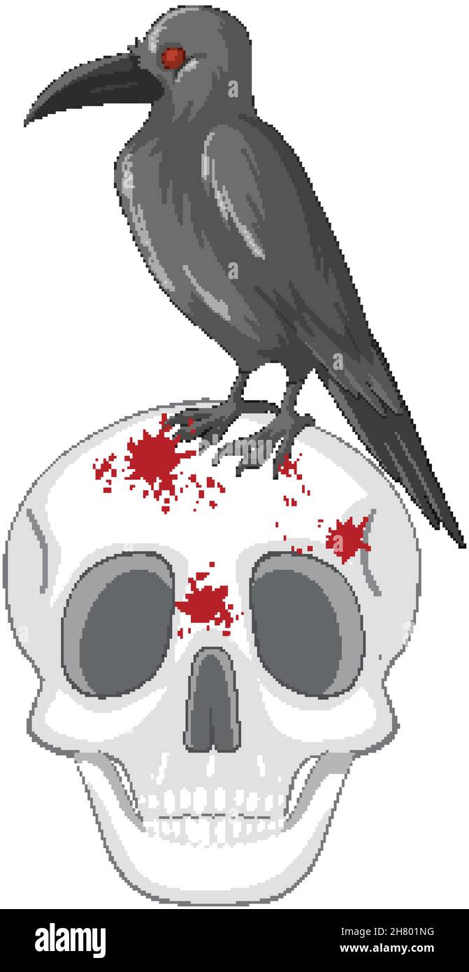 Corbeau noir debout sur l'illustration du crâne Illustration de Vecteur