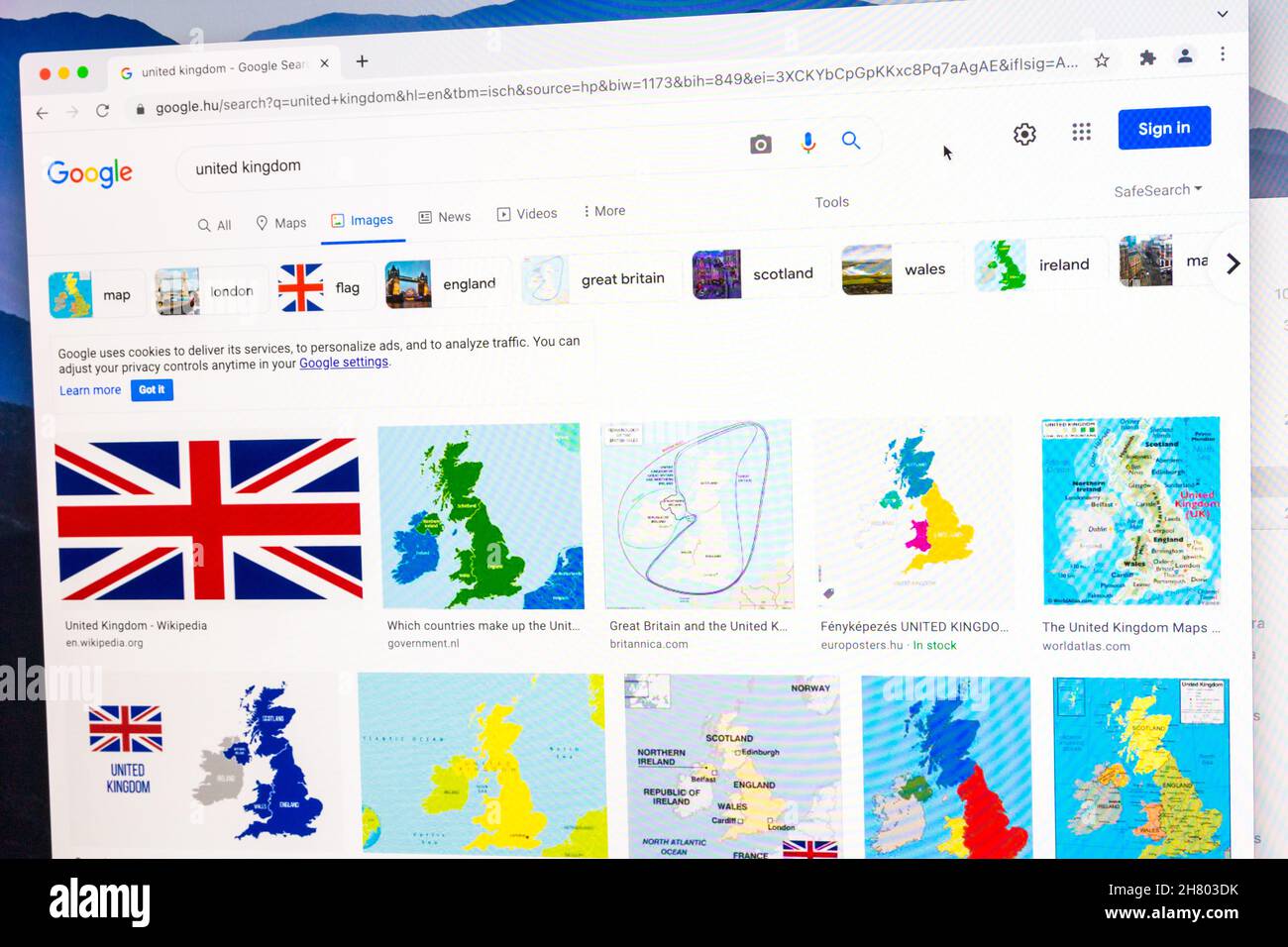 Google image Search pour le Royaume-Uni, les résultats d'image sur la page de recherche vu sur l'écran d'ordinateur dans le navigateur Banque D'Images