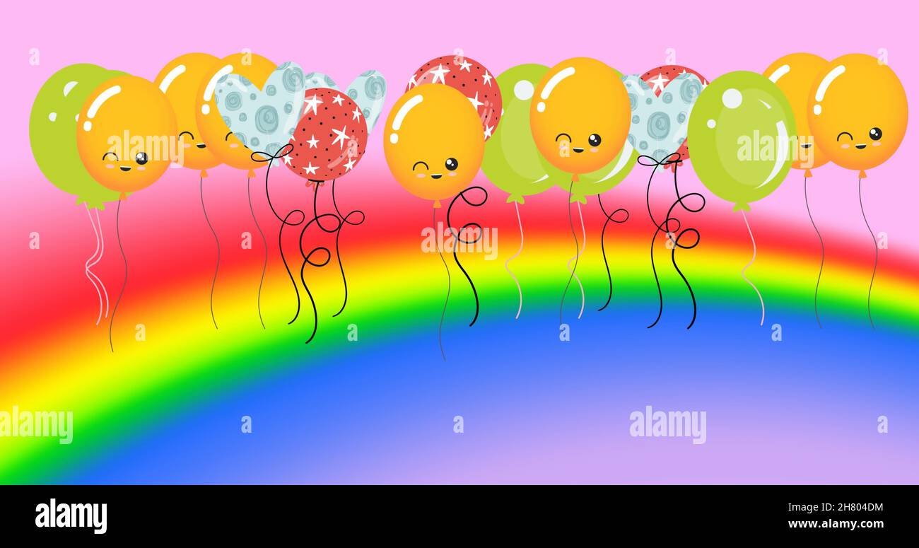 Illustration de ballons sur un fond rose au-dessus de l'arc-en-ciel Banque D'Images