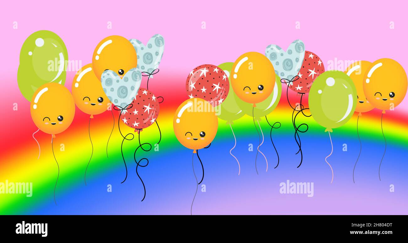 Illustration de ballons sur un fond rose au-dessus de l'arc-en-ciel Banque D'Images