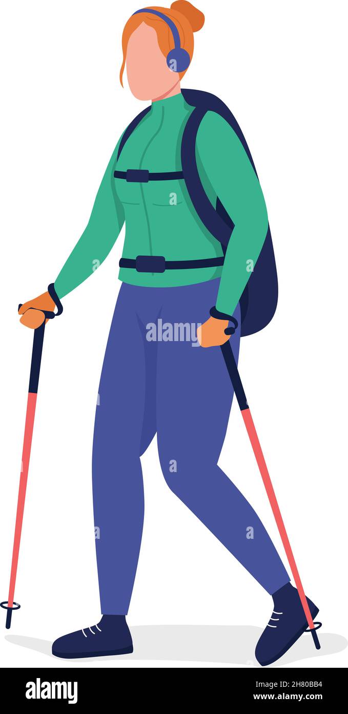 Femme sur nordic Walk semi-plat couleur vecteur caractère Illustration de Vecteur