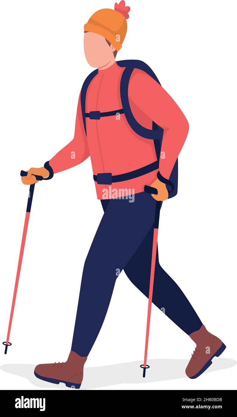 Homme sur nordic Walk semi-plat couleur vecteur caractère Illustration de Vecteur