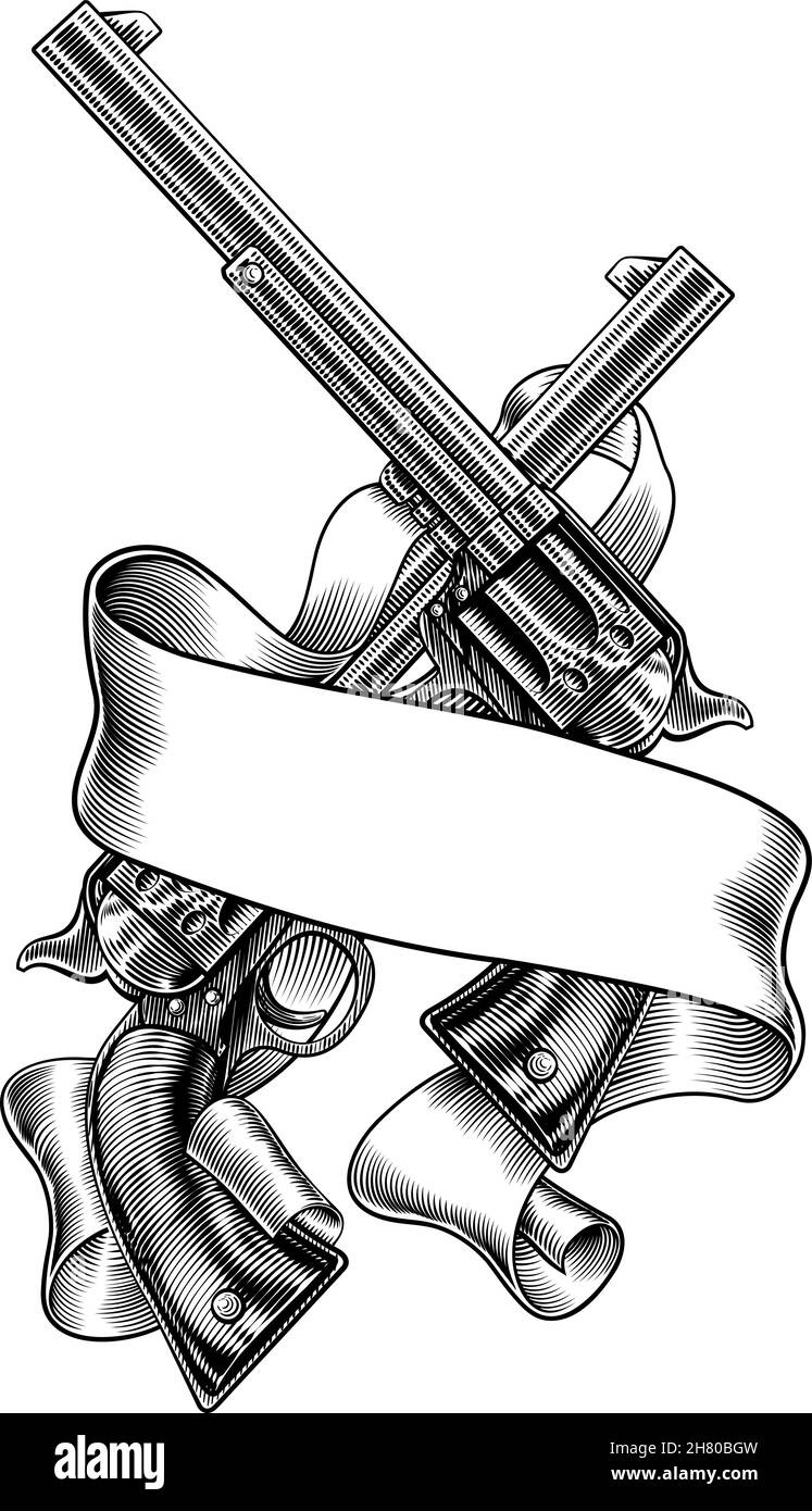Pistolet Western Revolver Vintages Scroll Banner Illustration de Vecteur