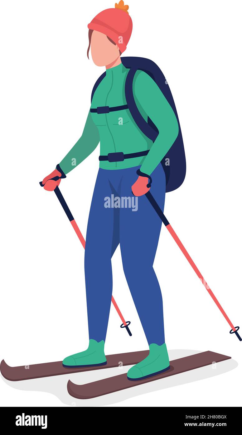 Fille en manteau vert ski semi plat couleur vecteur personnage Illustration de Vecteur