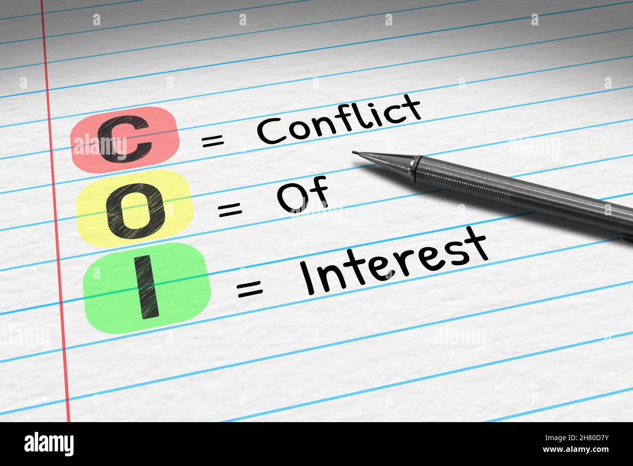 COI - conflit d'intérêts.Acronyme commercial sur le bloc-notes. Banque D'Images