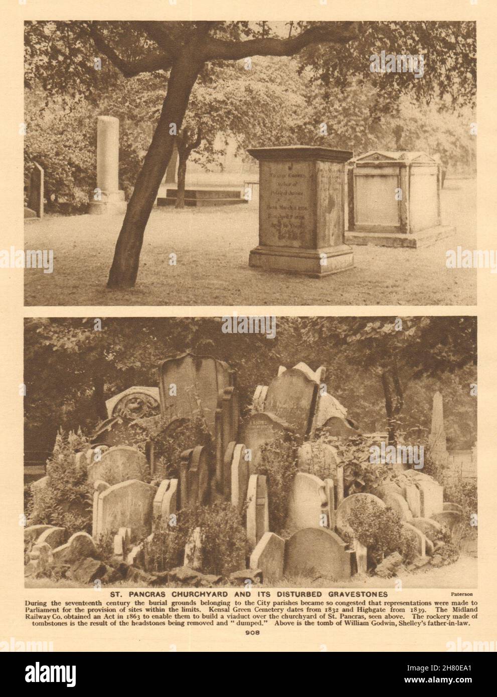 Jardin de Saint-Pancras et ses pierres tombales perturbées.Imprimé Hardy Tree 1926 Banque D'Images