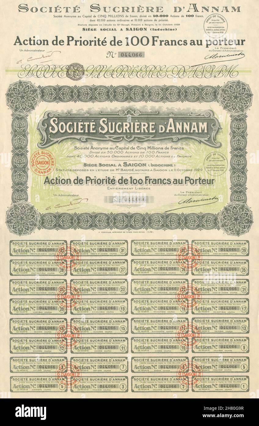 Société Sucrière d'Annam.Partage Pref.Action de priorité.Indochine française 1929 Banque D'Images