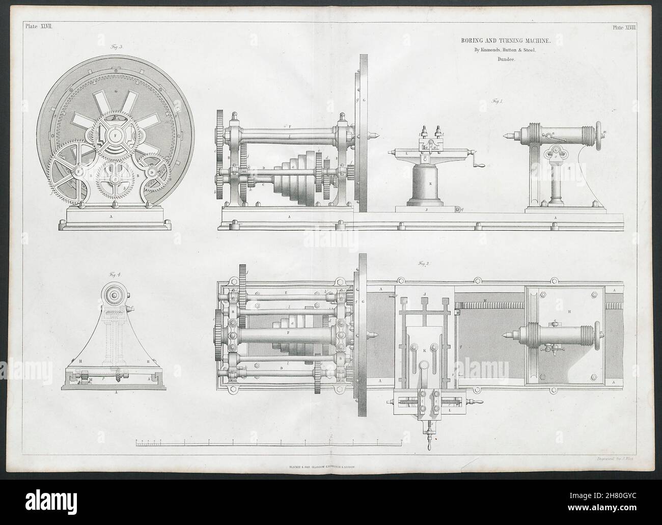 19C DESSIN TECHNIQUE machine à aléser et tourner.Kinmonds, Hutton & Steel 1847 Banque D'Images