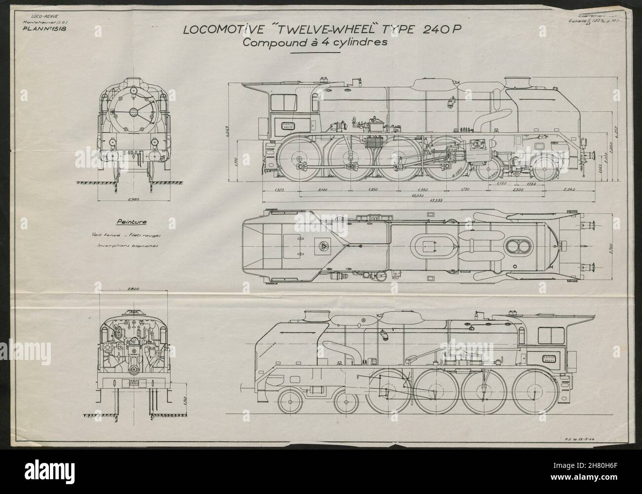 4-8-0 locomotive SNCF CLASSE 240P.4 cylindres.Plan d'ingénierie 1944 Banque D'Images