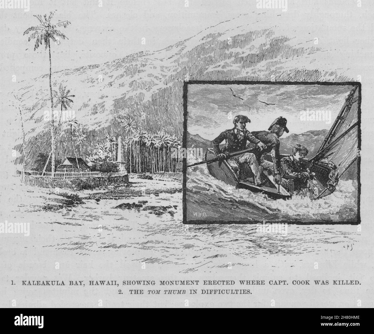 Kaleakula Bay, Hawaï.Monument du capitaine Cook.« Tom Thumb » dans l'ennui 1890 Banque D'Images Kaleakula Bay, Hawaï.Monument du capitaine Cook.« Tom Thumb » dans l'ennui 1890 Banque D'Images