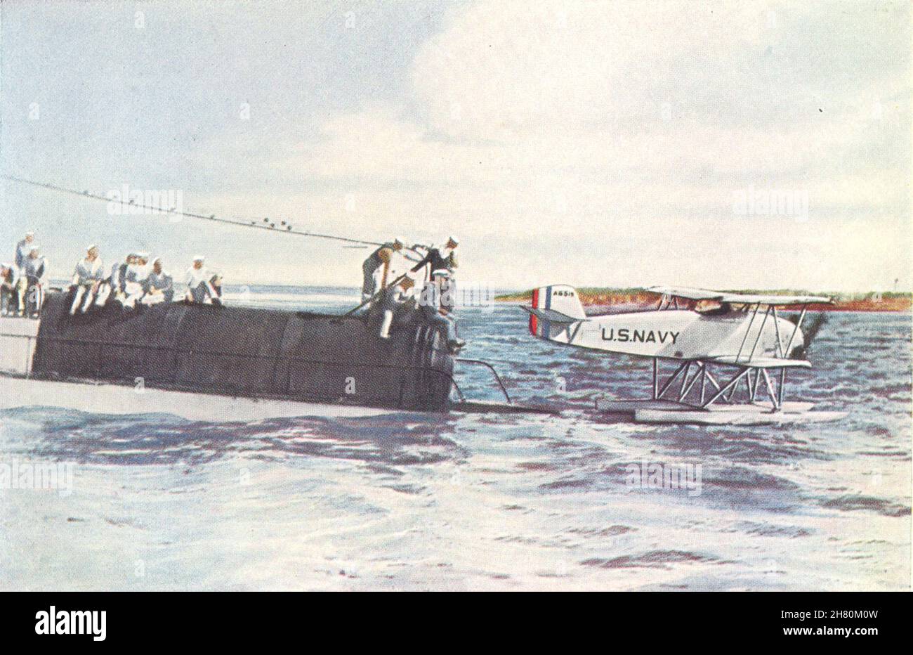 AVION.U S Navy hydravion porté dans un sous-marin 1930 vieux imprimé vintage Banque D'Images