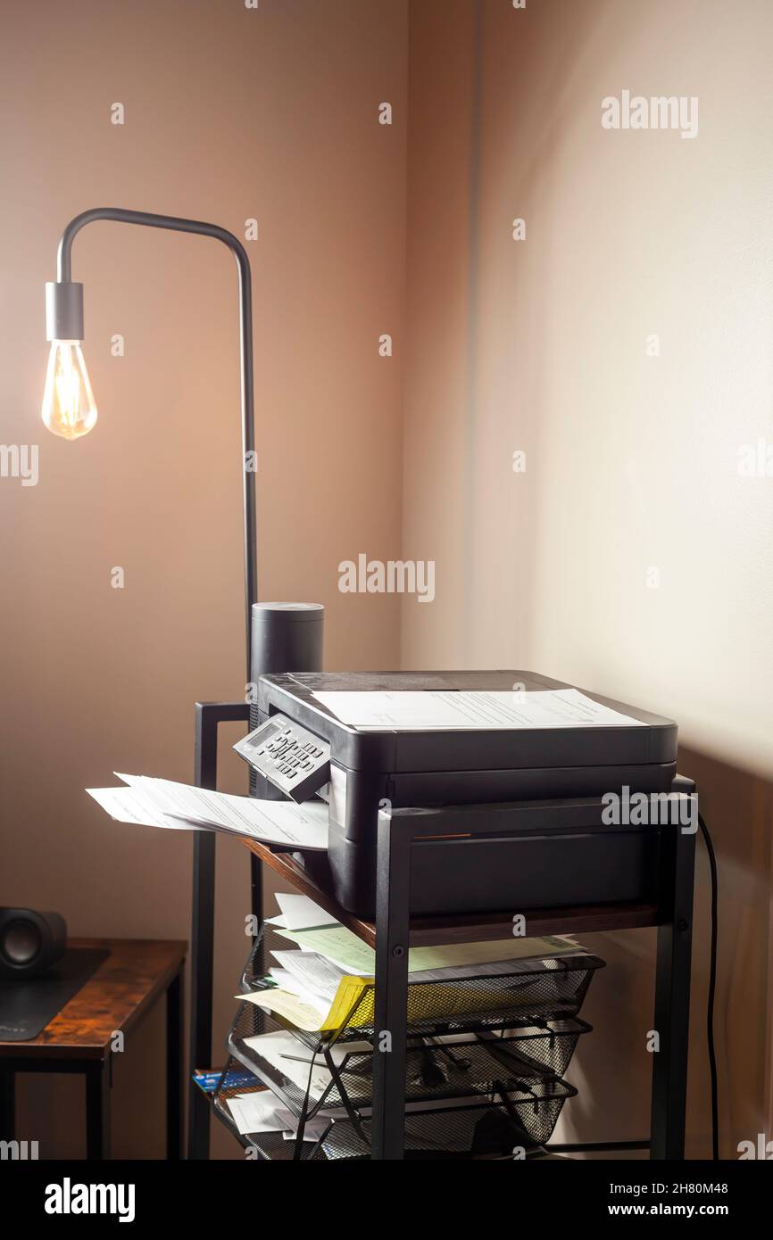 Petit bureau à la maison ou un espace de rangement avec une lampe de plancher, une bibliothèque et un scanner d'imprimante sur le dessus.Il y a plusieurs dossiers et papiers dans les organisateurs dans le Banque D'Images