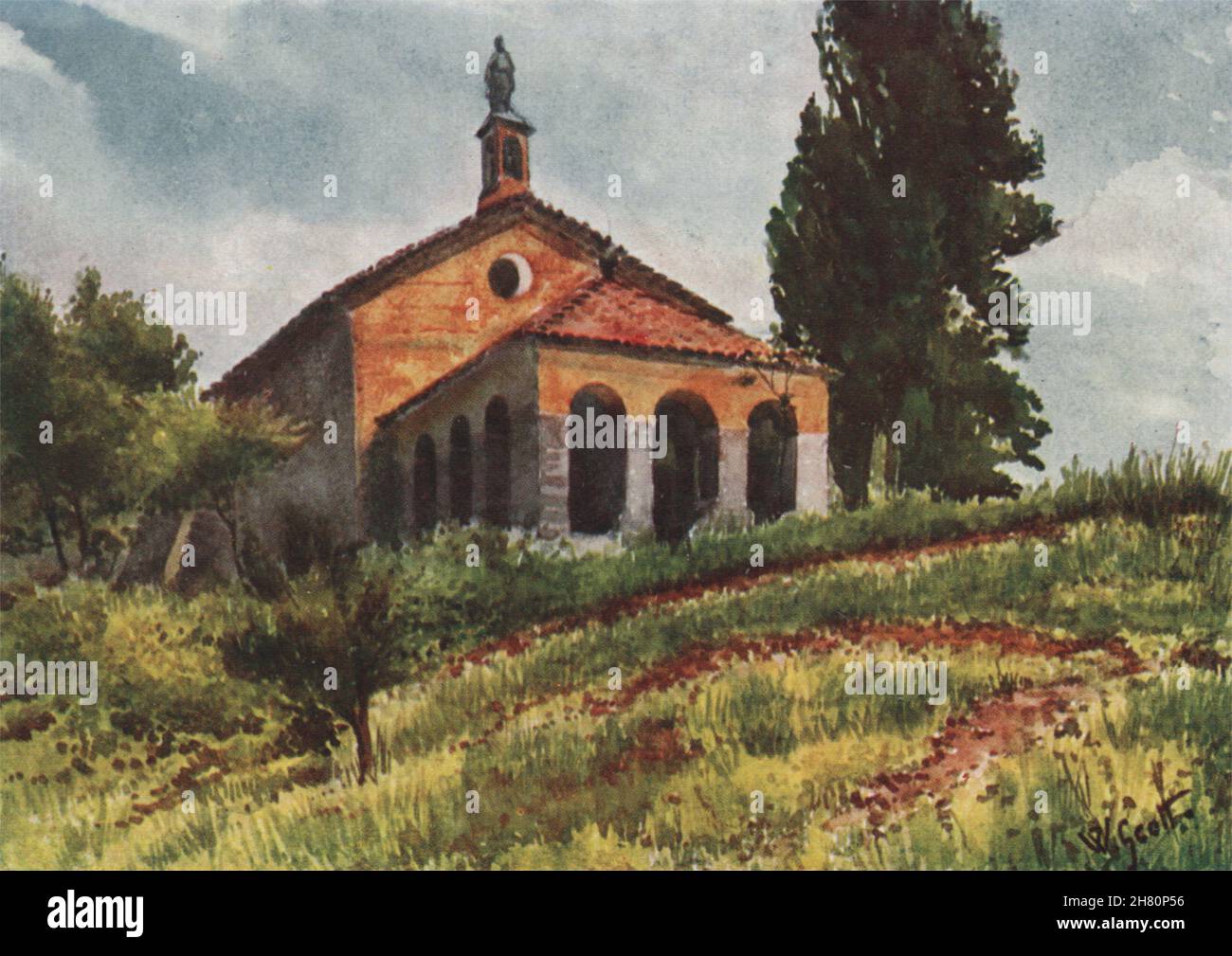 'Eglise près de Vallauris' par William Scott.Alpes-Maritimes 1907 vieux imprimé Banque D'Images