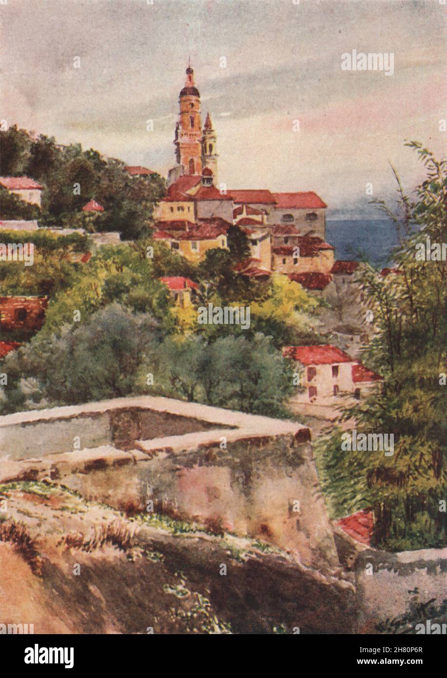 MENTON.'L'ancienne église, Mentone' par William Scott.Imprimé Alpes-Maritimes 1907 Banque D'Images