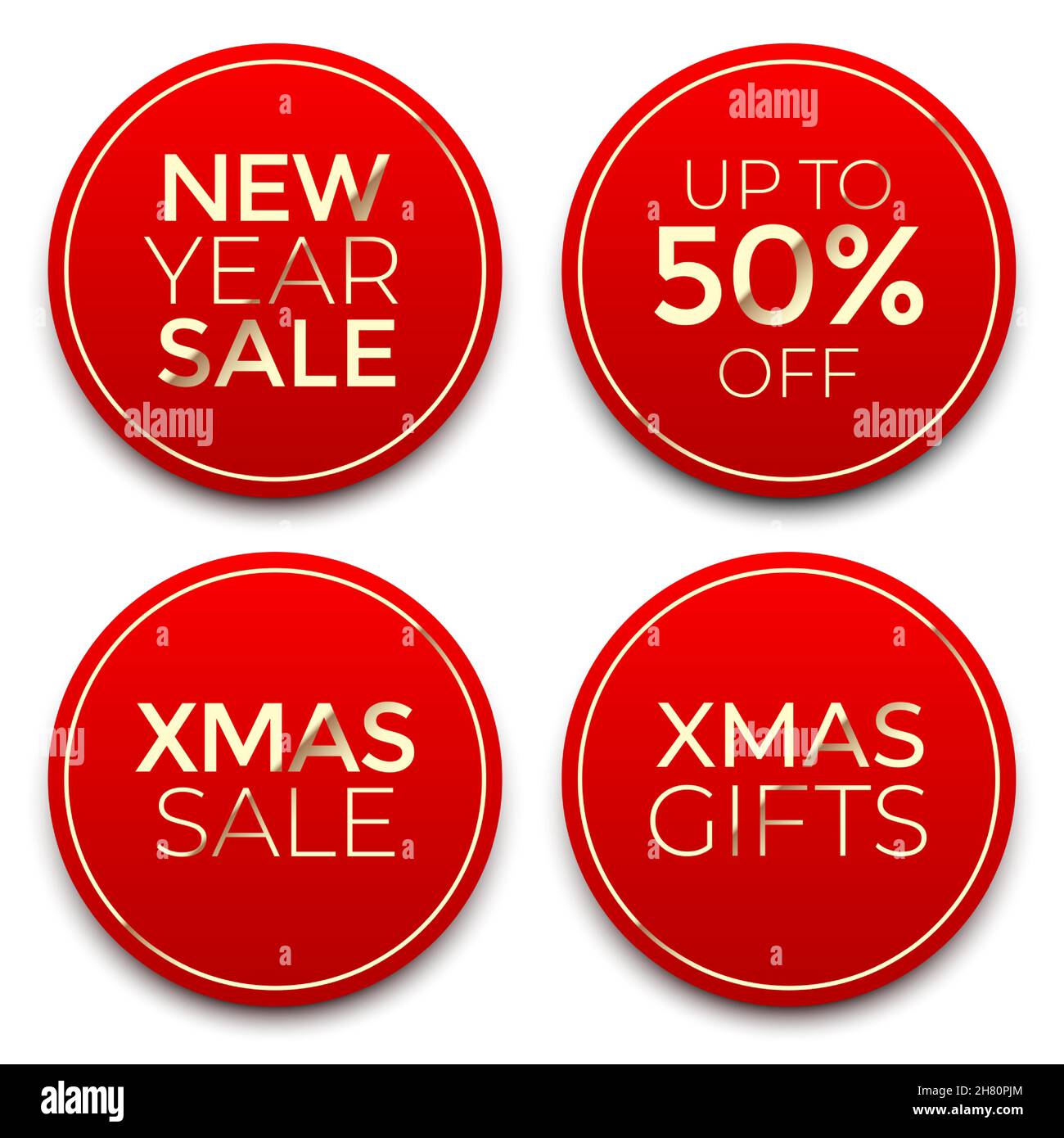 Soldes de Noël et du nouvel an, badges ronds rouges avec détails dorés, isolés sur fond.Ensemble vectoriel d'étiquettes de réduction de Noël. Illustration de Vecteur